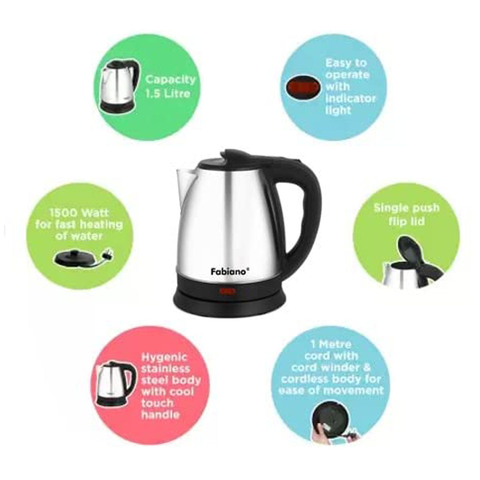 Buy Fabiano E15 1500 Watt 1.5 Litre Electric Kettle with Cool Touch